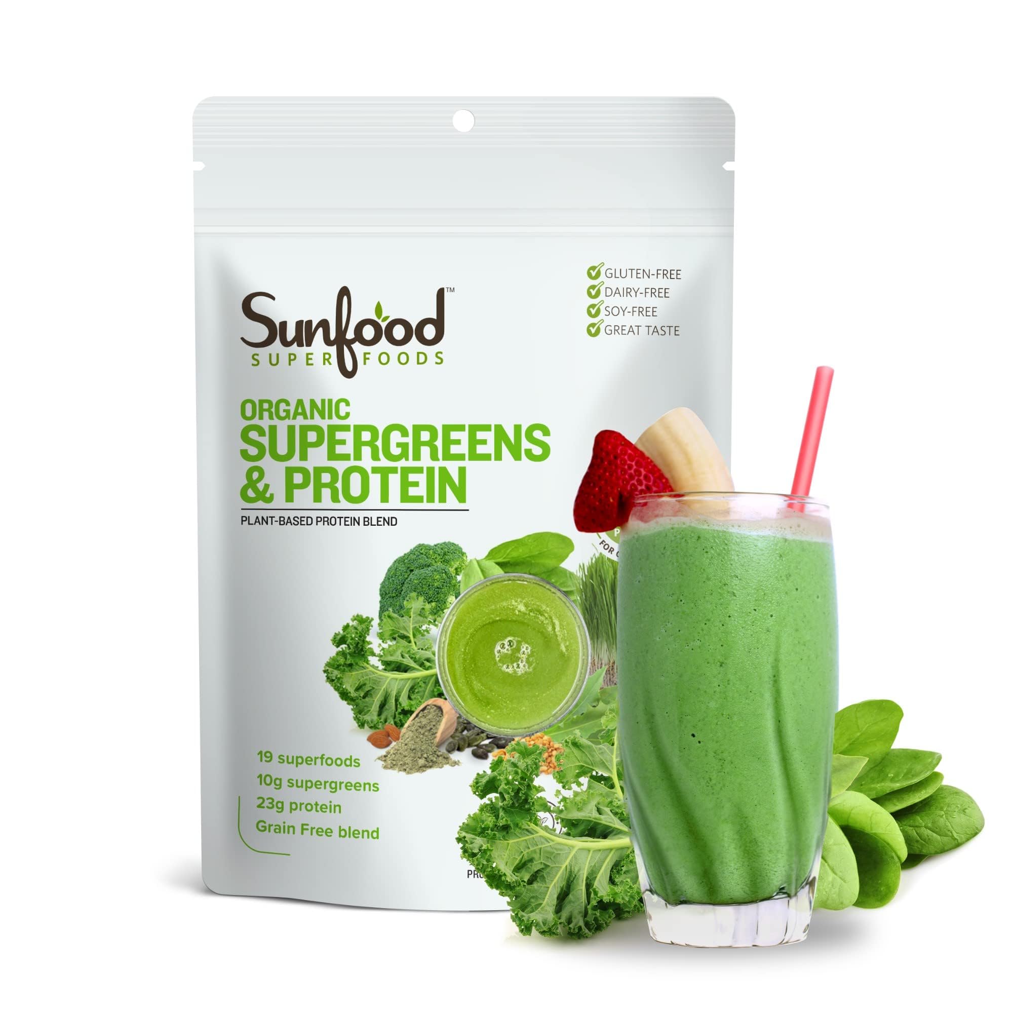 Product image of Sunfood Organic Supergreens and Protein Plant Based Vegan Protein Greens Superfood Powder Chlorella and